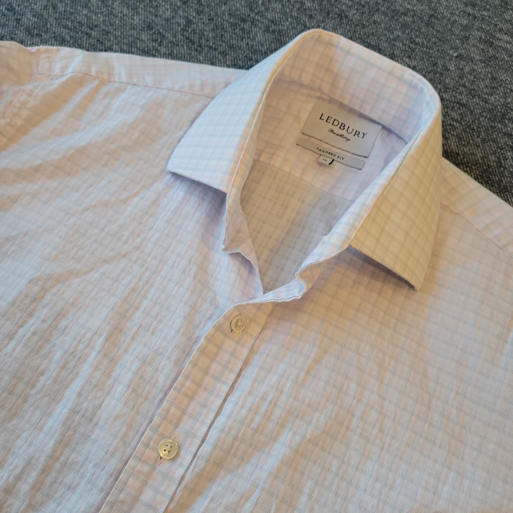 Ledbury Shirt Men's 16 Tailored Fit Pink White Plaid Cotton Fine Shirting Button